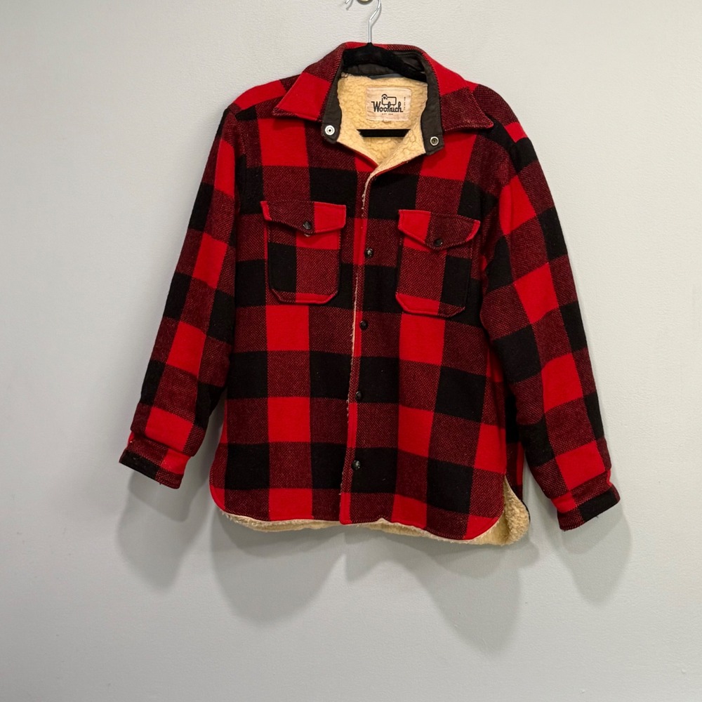 Vtg 80's Woolrich Mens Red Black Buffalo Plaid Faux Shearling Lined Jacket Large